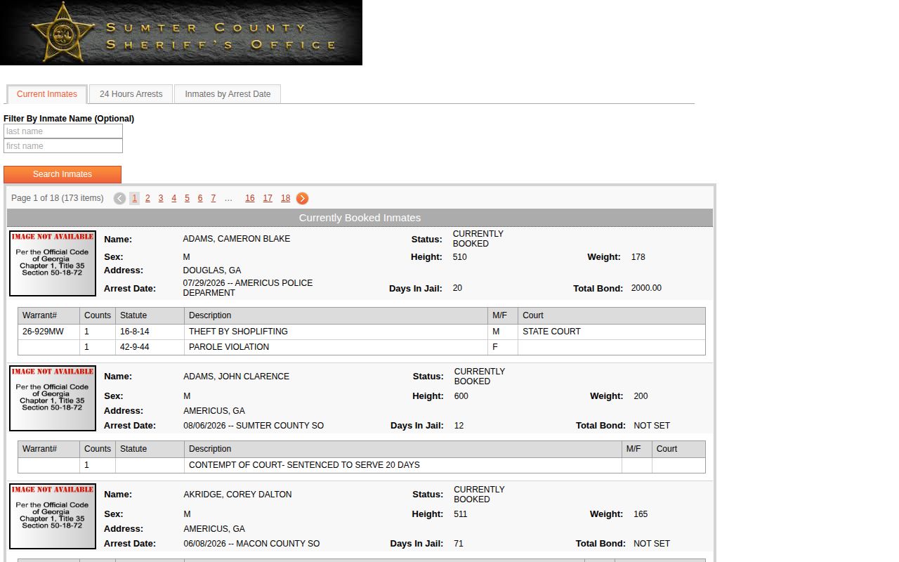 Sumter receiving jail current roster interface for Webster County booking records