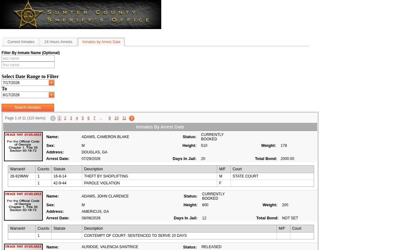 Sumter arrest-date search form for recent Webster County bookings
