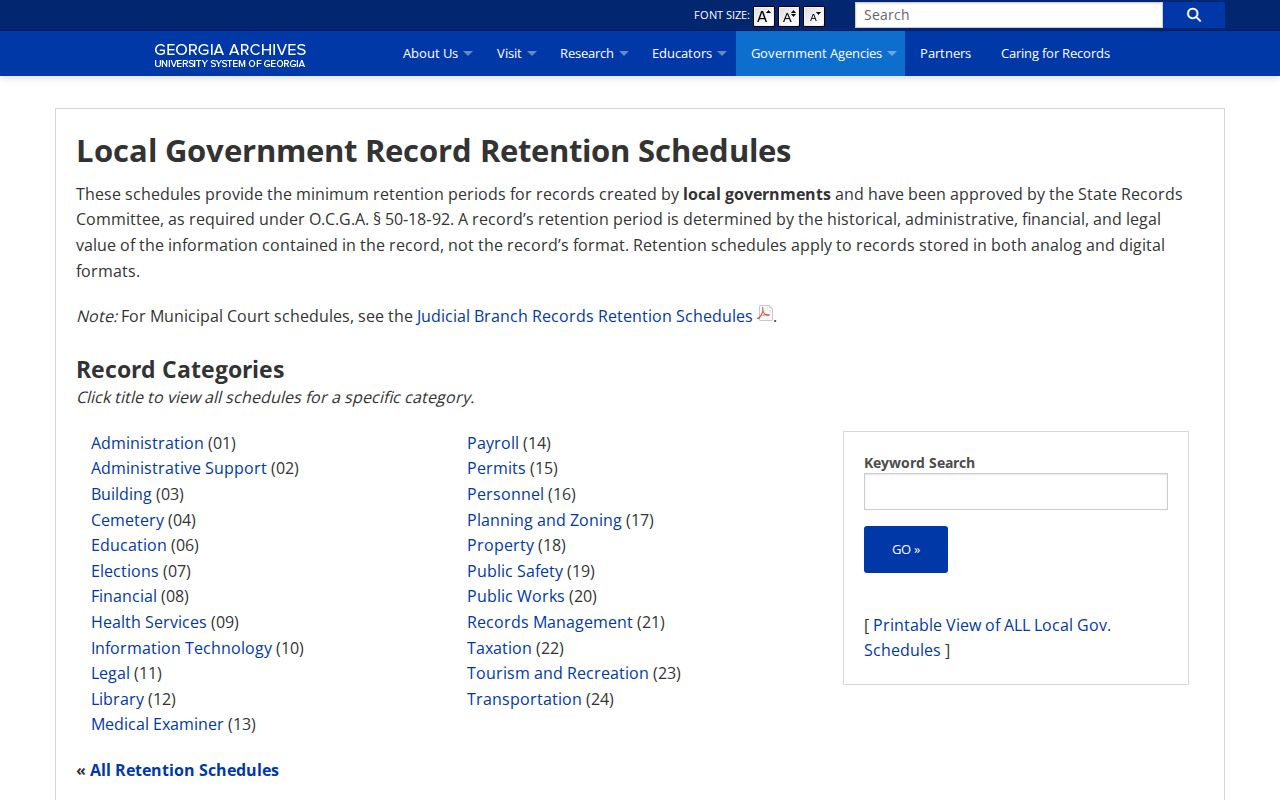 Georgia Archives local-government retention schedules for Webster County jail records