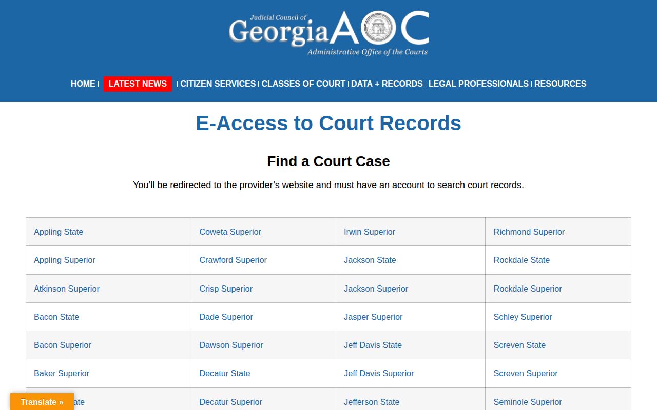 Georgia court access directory for Webster County case dispositions