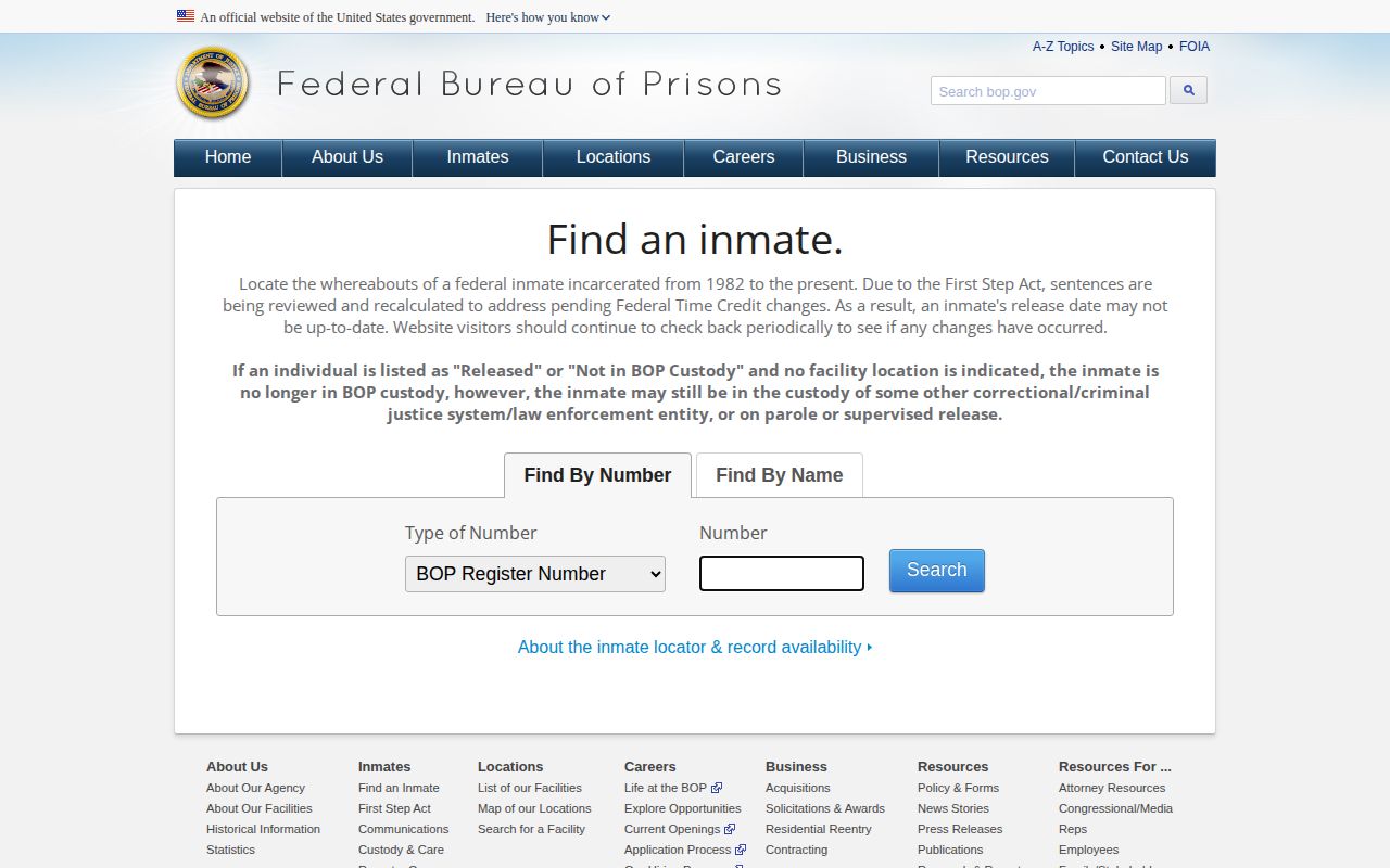 Federal Bureau of Prisons inmate locator for a Webster County custody check