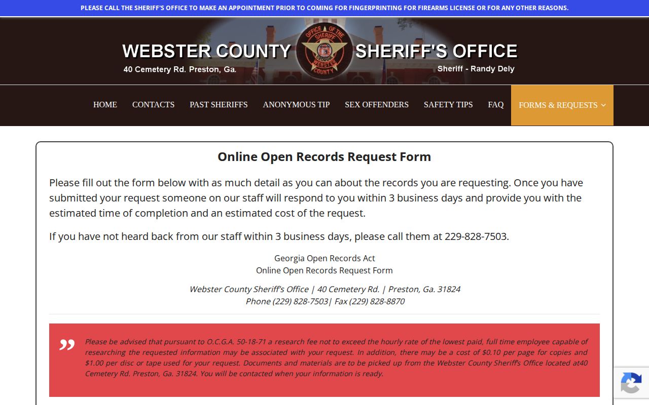 Webster County Sheriff open-records request form for booking records