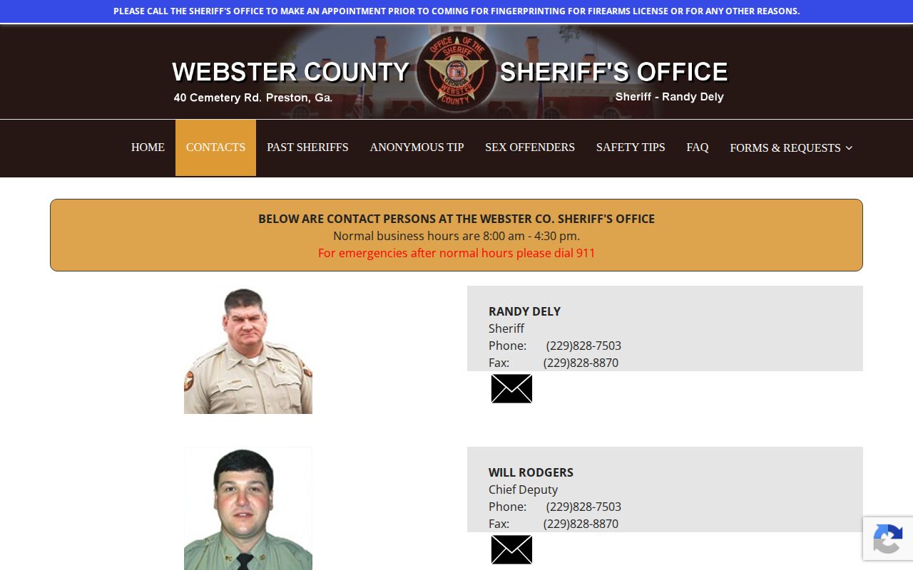 Webster County Sheriff official contacts page